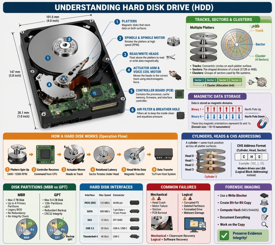 Hard Disk Drive Architecture Infographic - Platters, Tracks, Sectors, Actuator, and Forensic Imaging